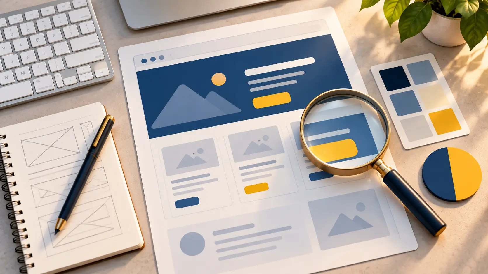 A clean flat illustration of a website wireframe with a keyboard, a magnifying glass and a contrast checker swatch, deep blue and warm yellow palette, no text.