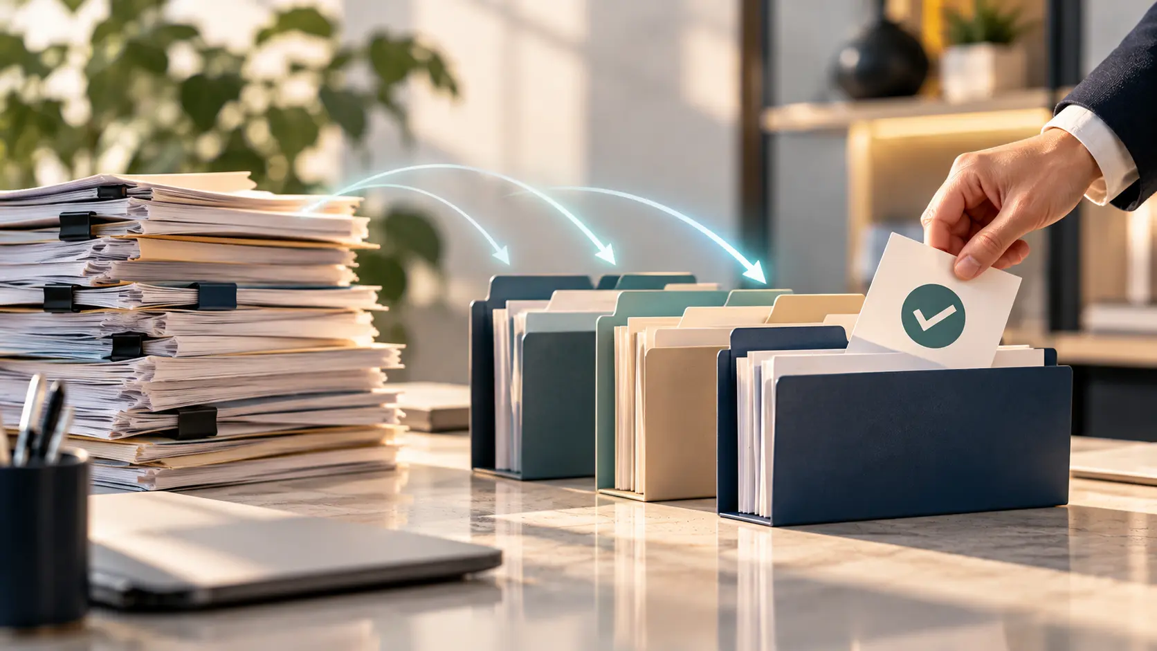 A clean 16:9 illustration of a tidy desk where a stack of paper documents flows into sorted folders, with a human hand placing the final approval check, in navy, sand and soft teal, no text.
