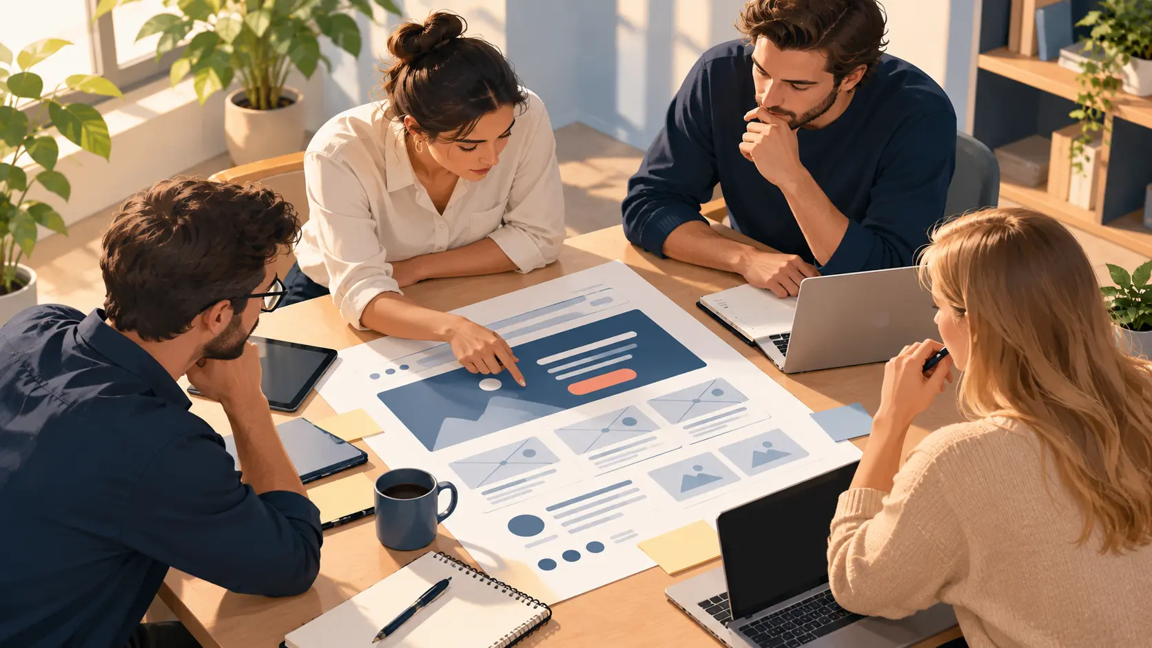 A clean 16:9 illustration of a small group of business people around a table studying a large website wireframe together, muted teal and sand palette, flat style, no text.