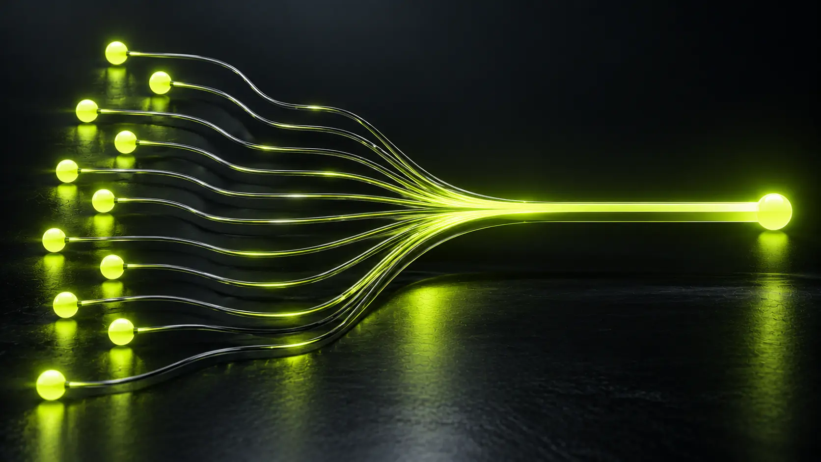 Abstract dark illustration of ten small glowing nodes feeding into one smooth lime-green channel, suggesting scattered manual steps becoming a single flow, no text.
