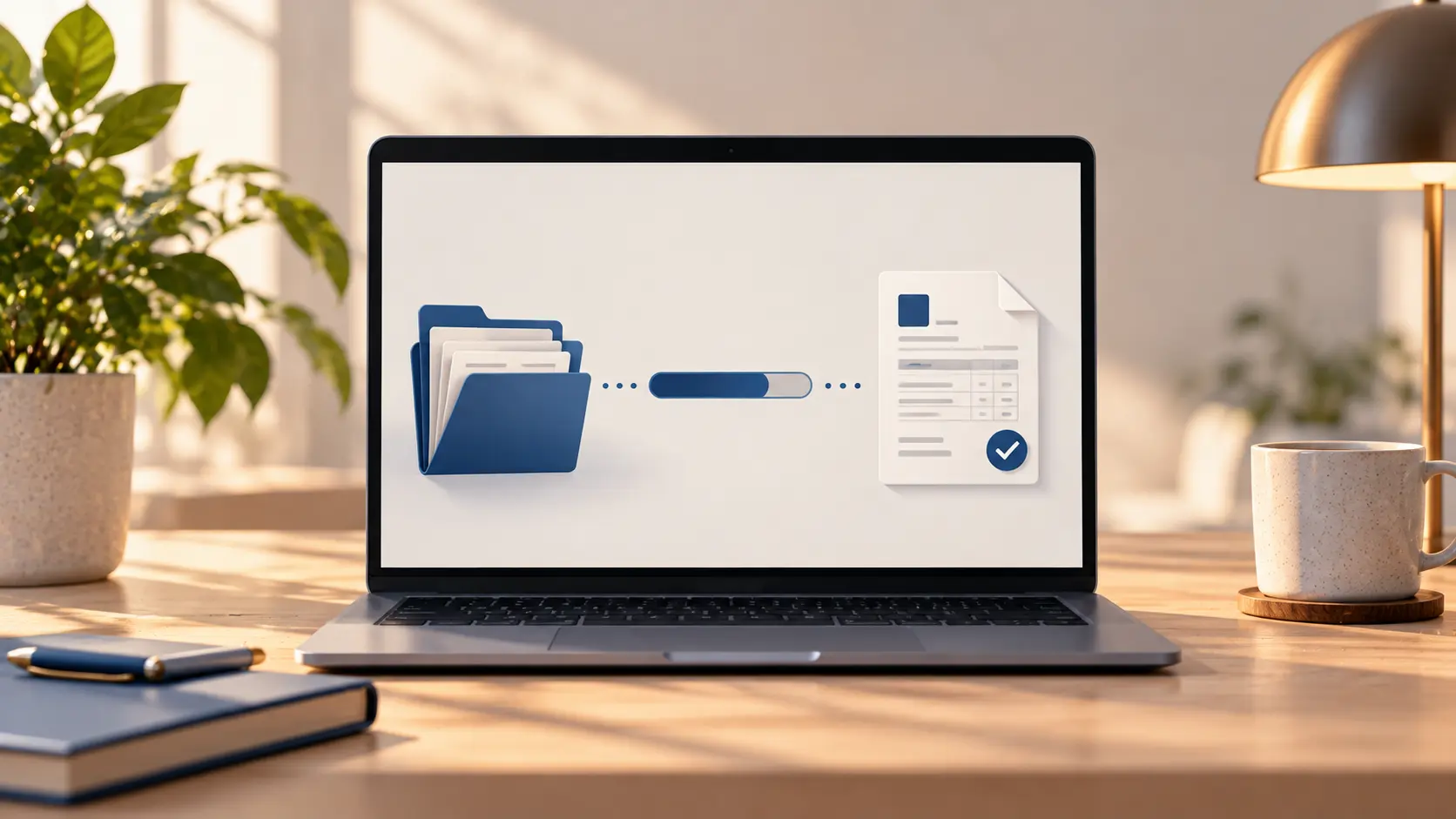 16:9 flat illustration of a laptop showing a tidy document folder, a progress bar and an invoice icon side by side, warm neutral background with a single deep-blue accent, no text.