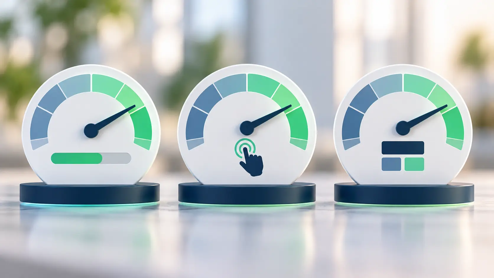 A clean flat illustration of three simple gauge dials (one loading bar, one tap icon, one stacked layout block) all needles in the green zone, soft navy, mint and white palette, no text.