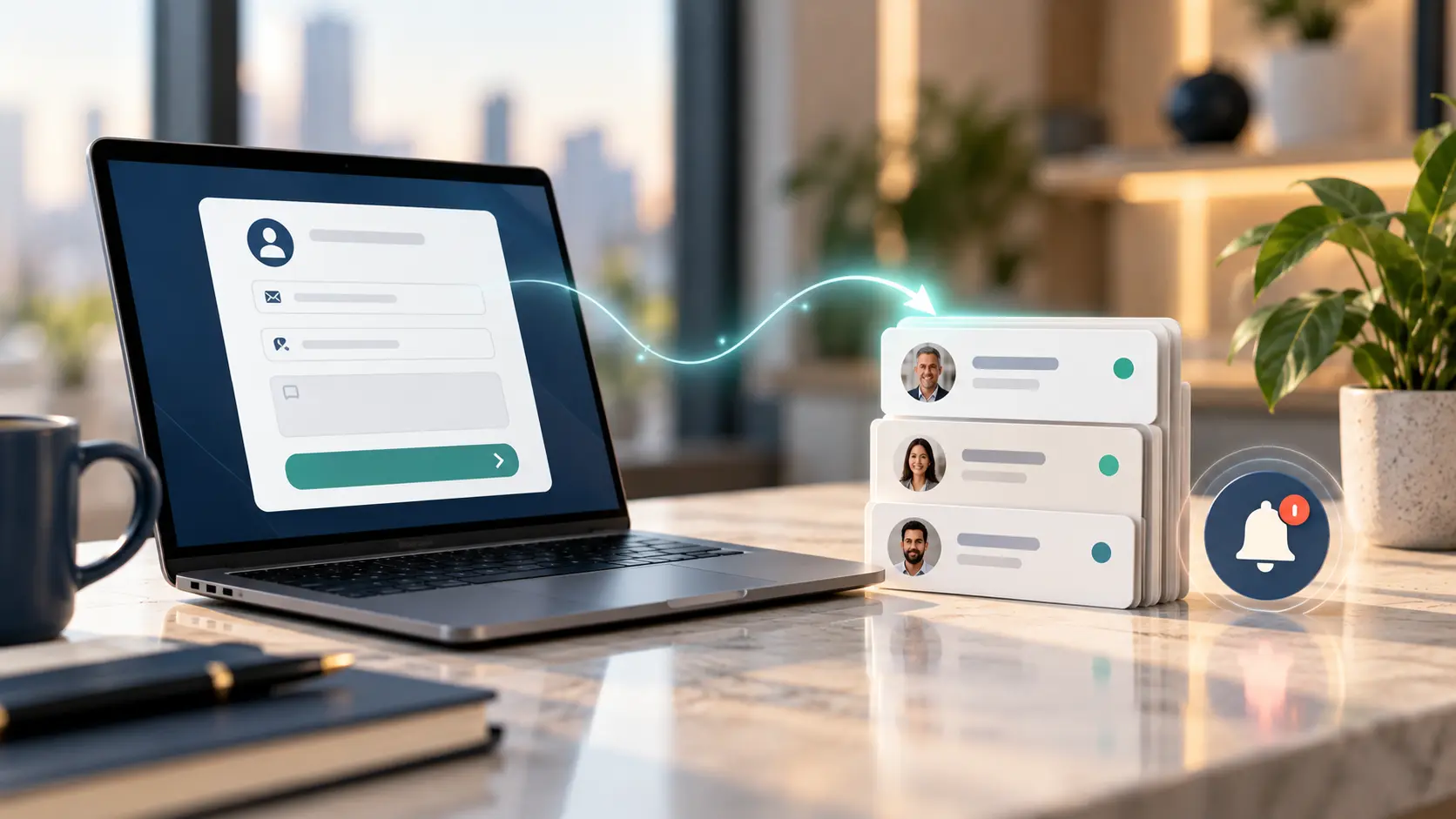 A clean 16:9 illustration of a simple web form on a laptop sending a glowing line into a neat stack of contact cards, with a small alert bell beside it, in navy, sand and soft teal, no text.