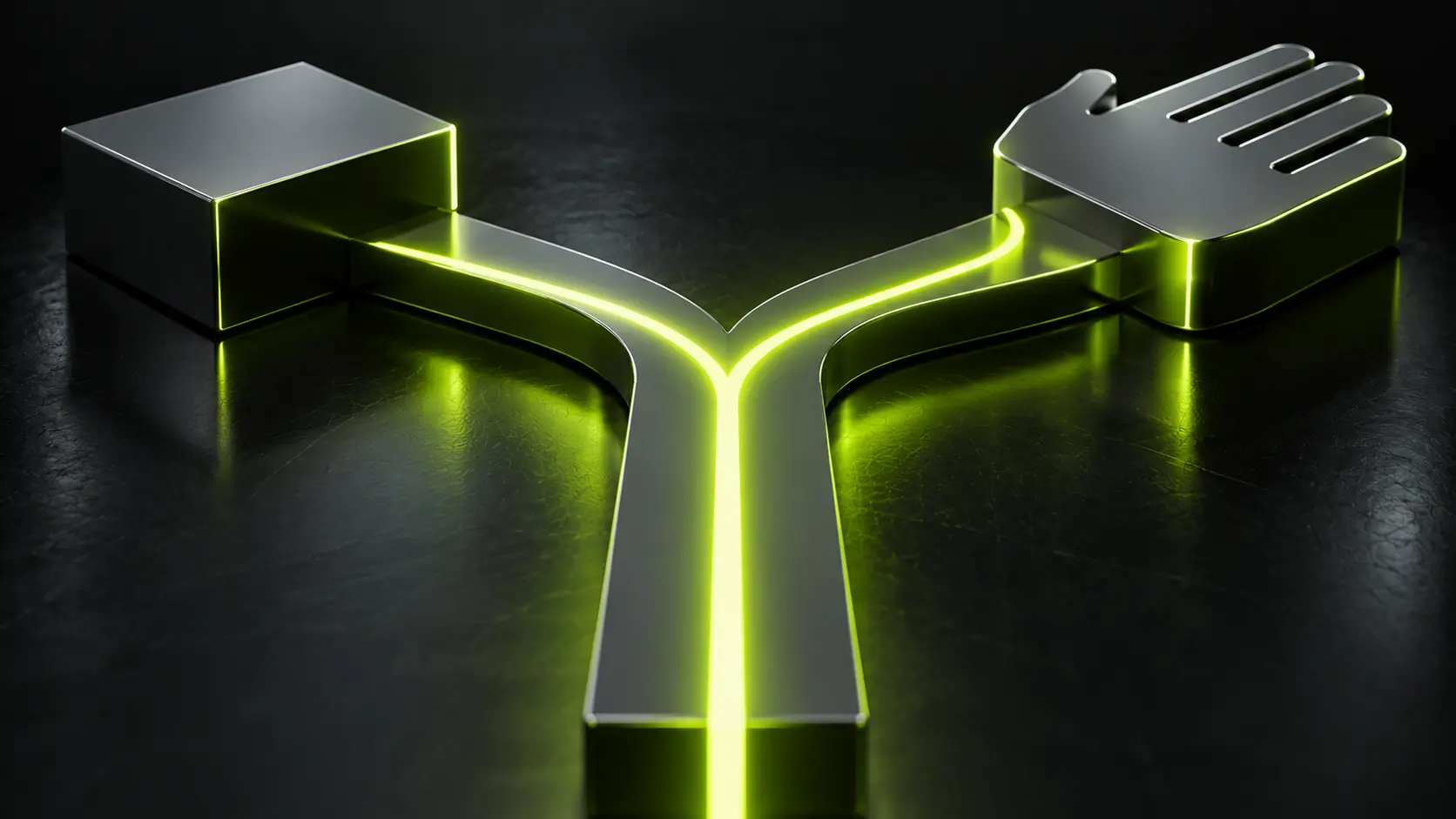 Abstract dark illustration of two paths merging into one, a plain rectangular block on the left and a hand-shaped block on the right, joined by a single lime accent line.