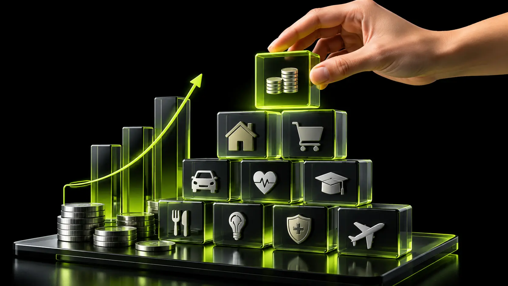Abstract dark illustration of a budget being assembled from building blocks, lime accent, no text.