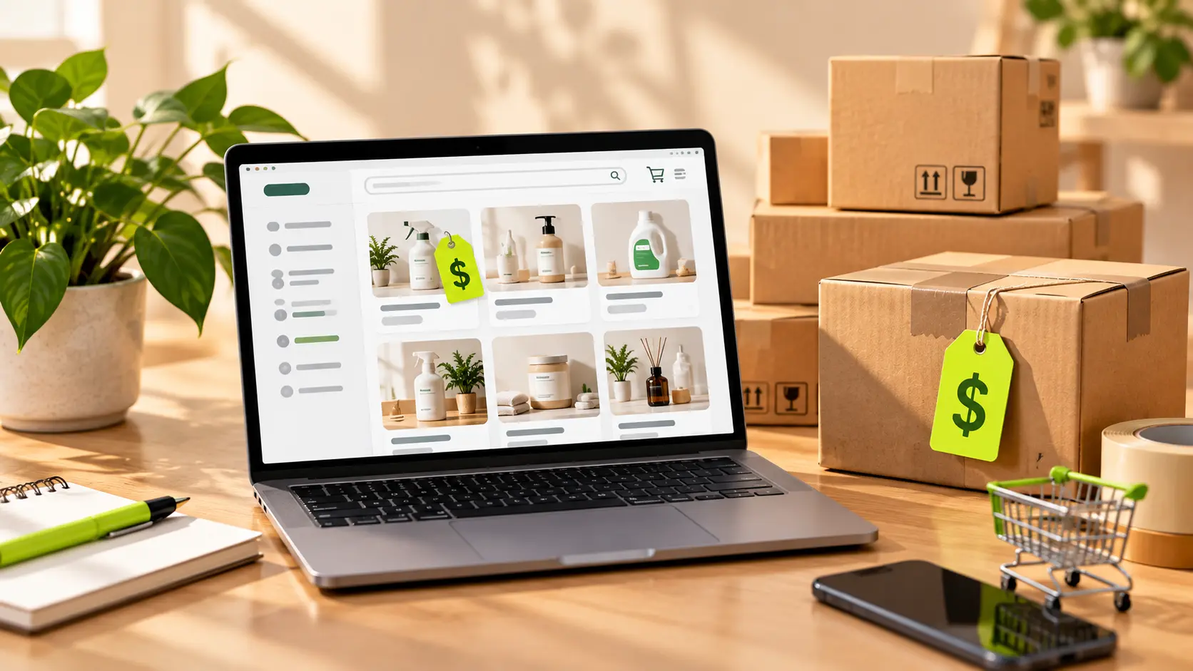Flat illustration of a laptop showing a simple online storefront grid, shipping boxes stacked beside it on a warm sand background, one lime-green price tag, 16:9.