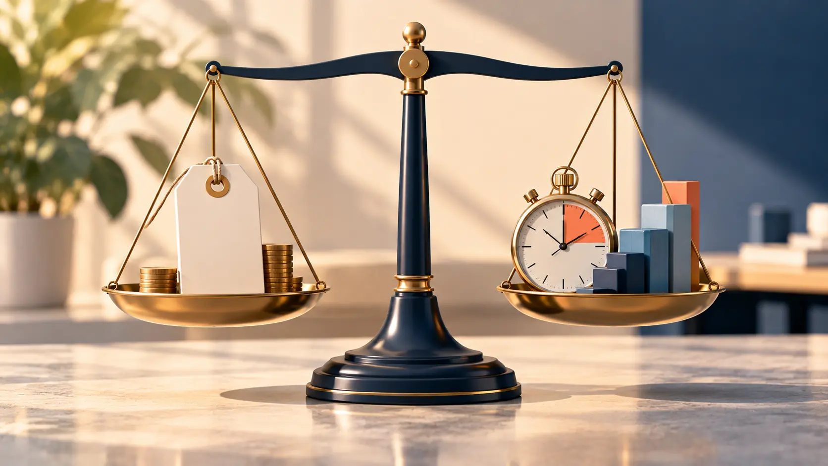 A clean 16:9 illustration of a balance scale with a sealed price tag on one side and a stopwatch with stacked blocks on the other, navy and sand palette with a coral accent, no text.