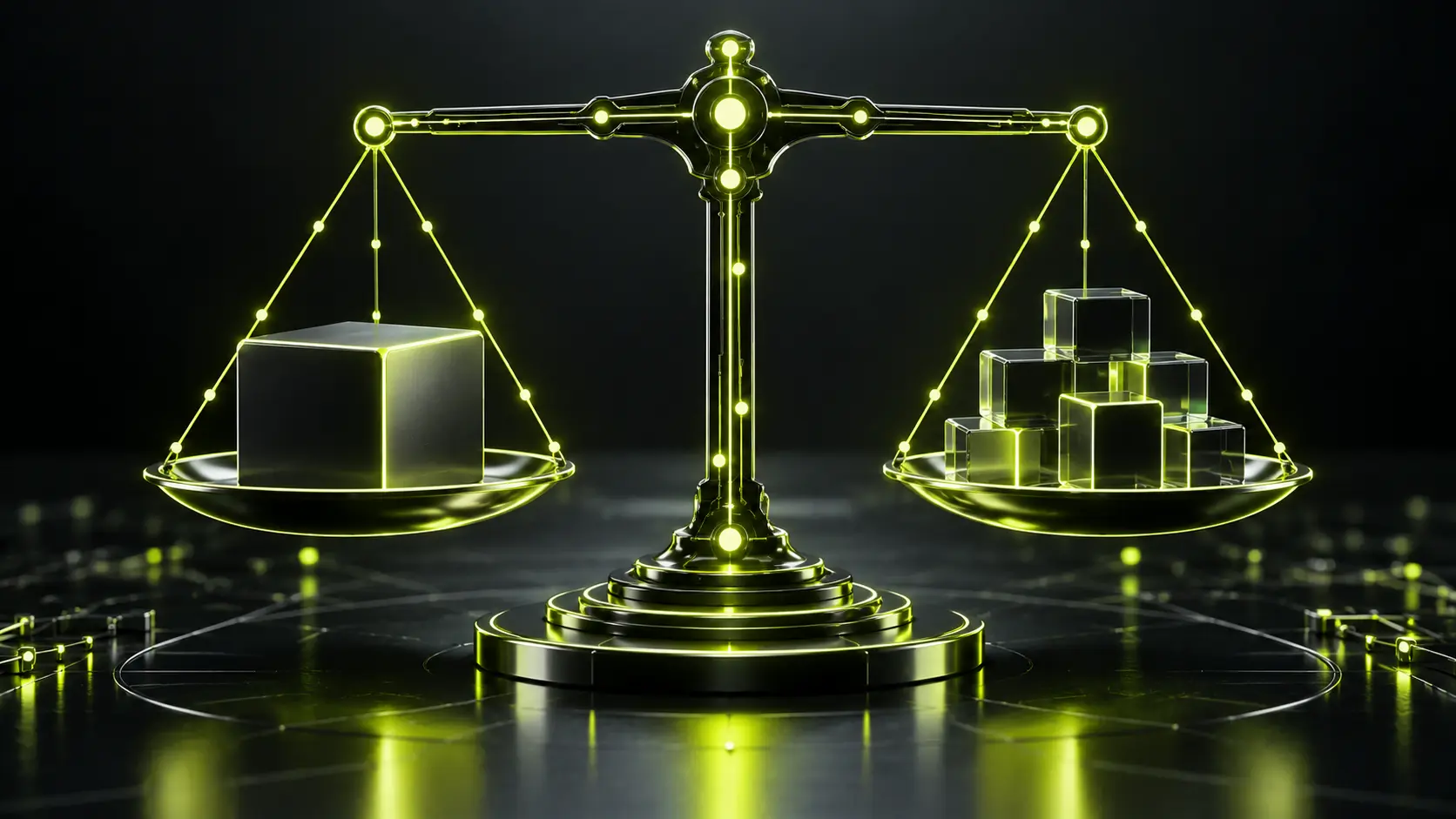 Abstract dark illustration of two balanced scales made of glowing circuit lines, one side a single solid block and the other a cluster of smaller modular pieces, with a lime accent running between the