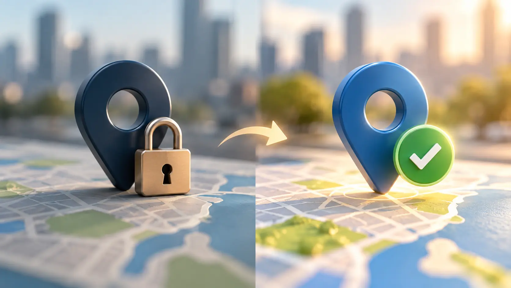 A clean flat illustration of a map pin with a small padlock beside it, then the same pin restored with a green check, soft navy and warm amber palette, no text.