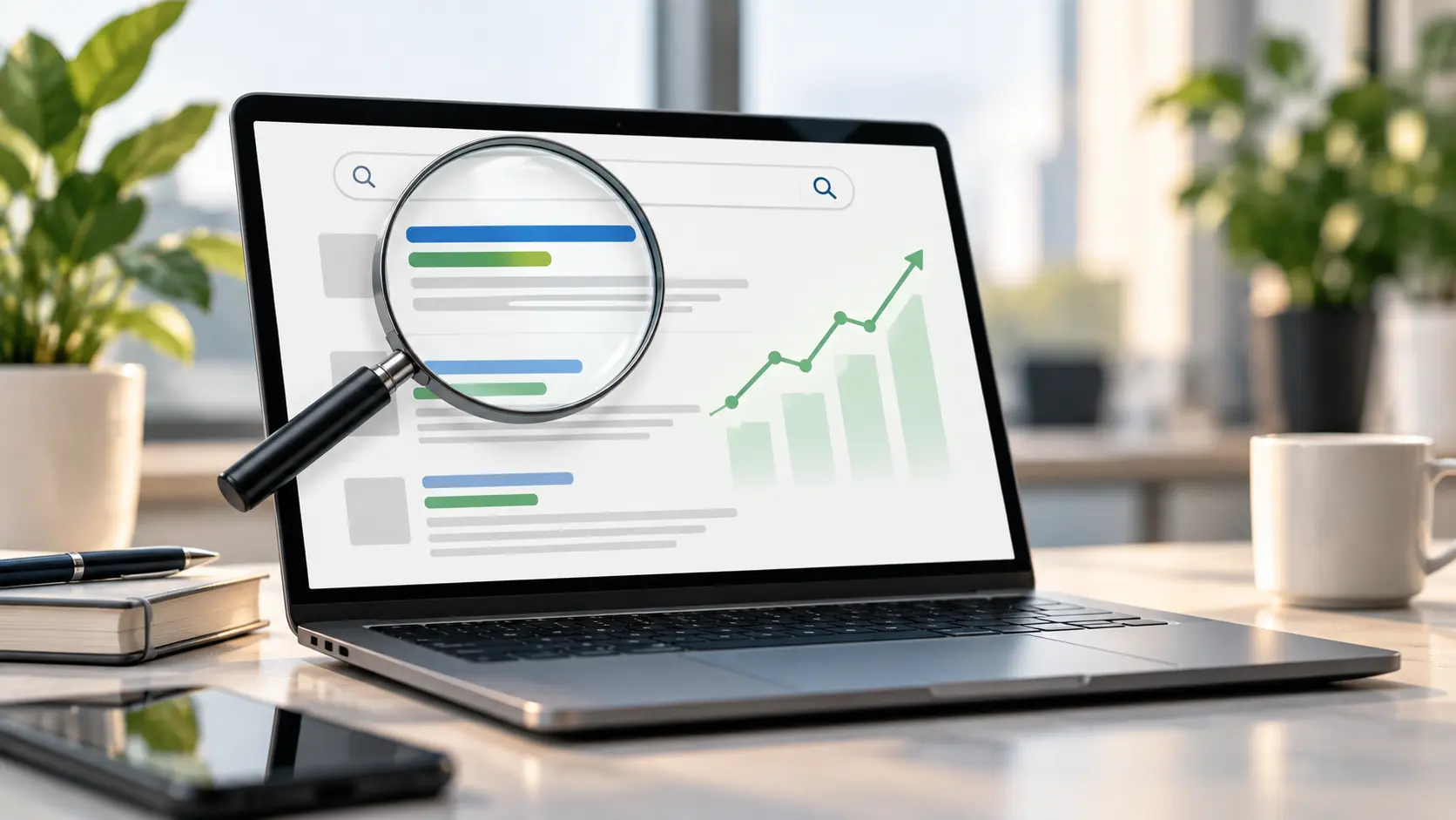 A magnifying glass over a simplified search results page with a small upward trend line, fresh green and slate palette, flat clean style, no text.