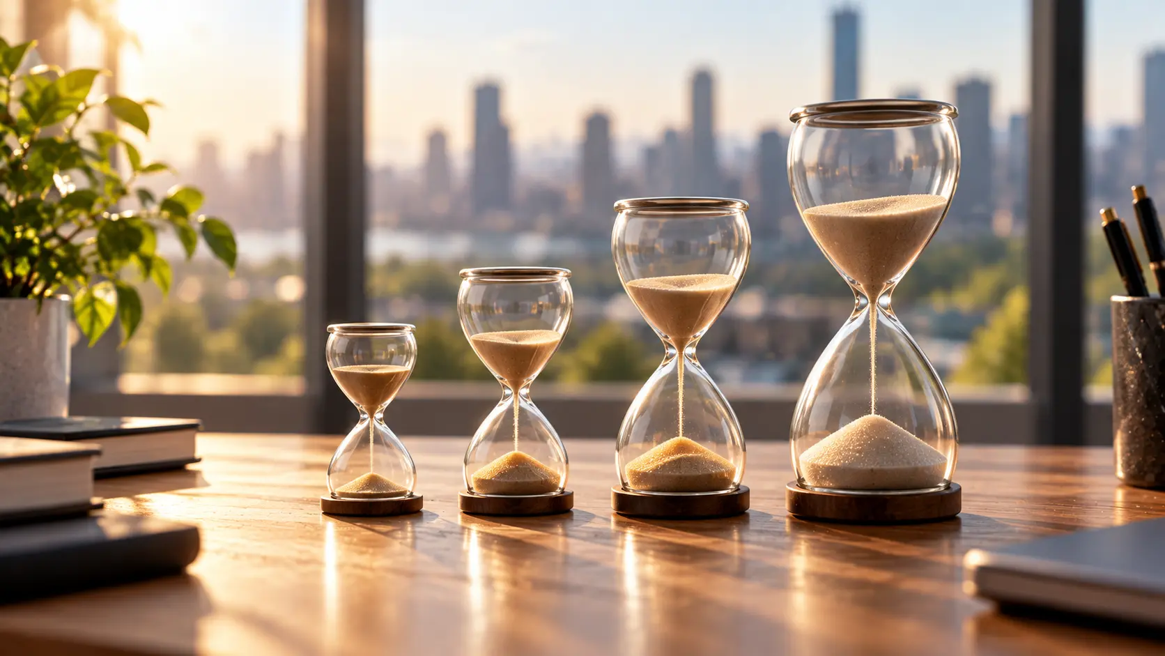 A row of four hourglasses of increasing height on a wooden desk, sand at different levels, soft morning light, shallow depth of field, 16:9, no text.