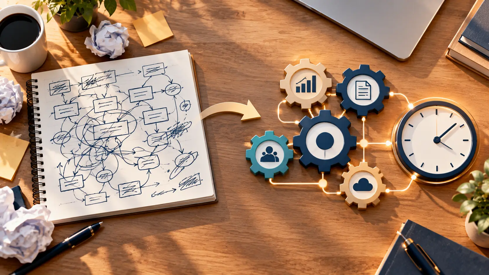 A clean 16:9 illustration of a hand-drawn process map on a desk turning into tidy connected gears and a clock, in navy, warm sand and soft teal, no text.