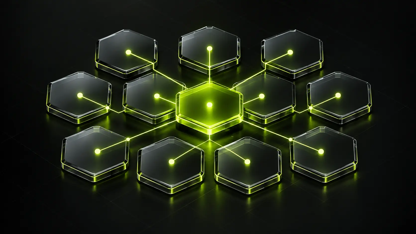 Abstract dark illustration of twelve small hexagonal tiles in a loose grid, one tile lit in lime and connected by thin lines to the others, no text.