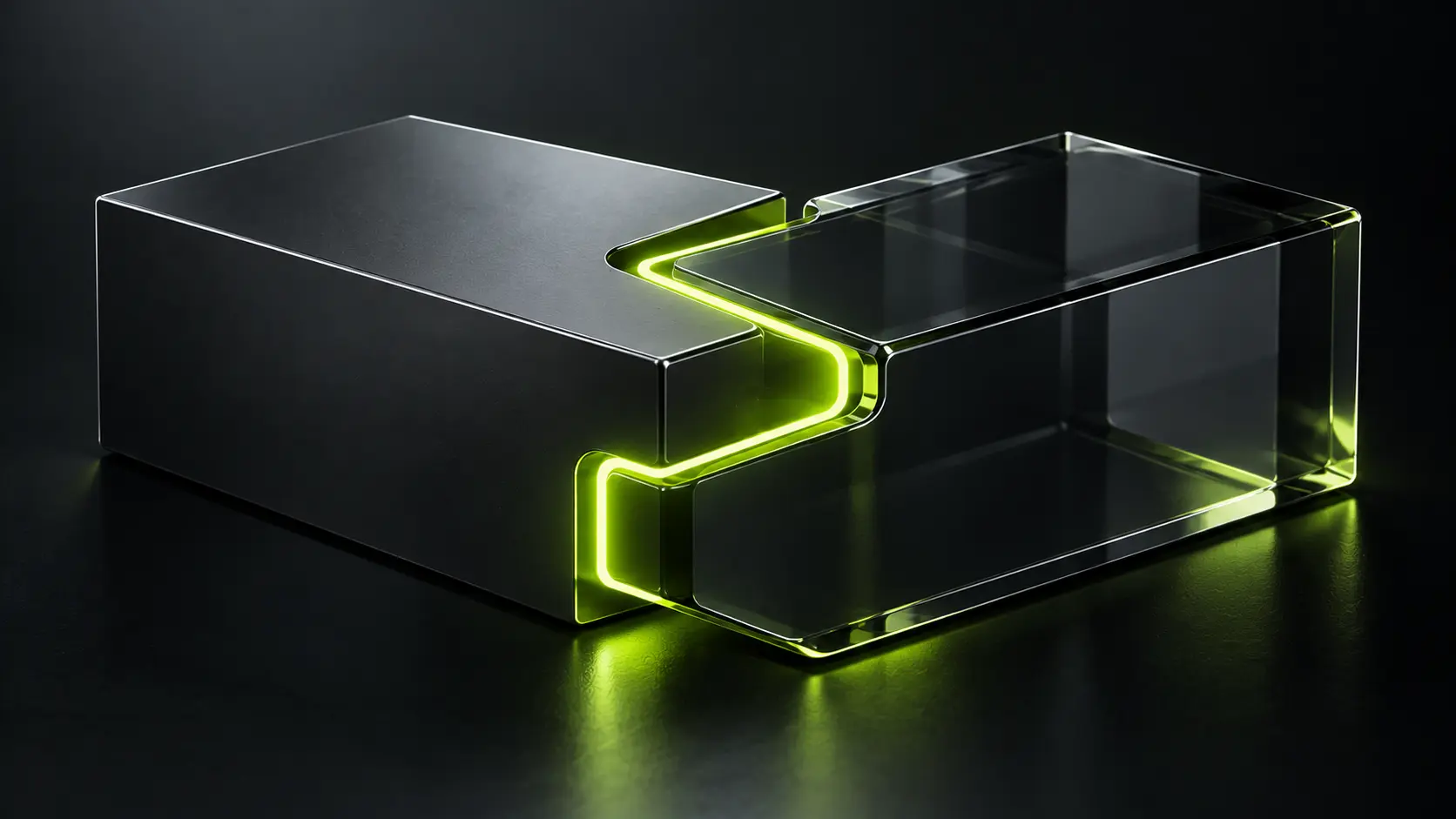 Abstract dark illustration of two interlocking geometric shapes forming a handshake-like join, with a single lime accent line tracing the seam between them.