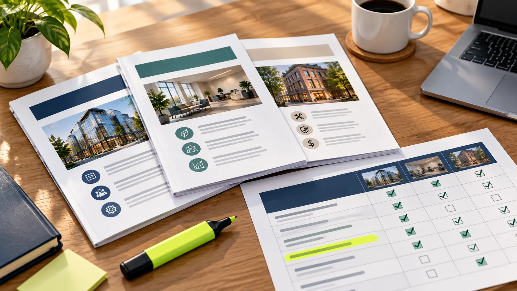 Flat illustration, 16:9, of three printed proposals fanned on a desk beside a scorecard sheet with checkboxes, warm neutral palette, one lime highlighter stroke.