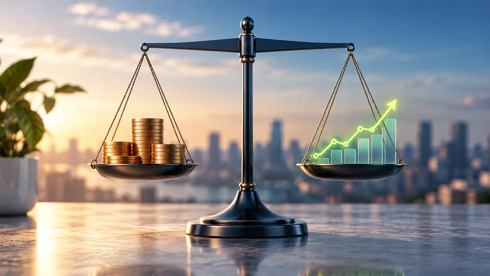 Clean 16:9 illustration of a simple balance scale, one side holding a stack of coins, the other a rising organic search graph line, soft navy and green palette, no text.