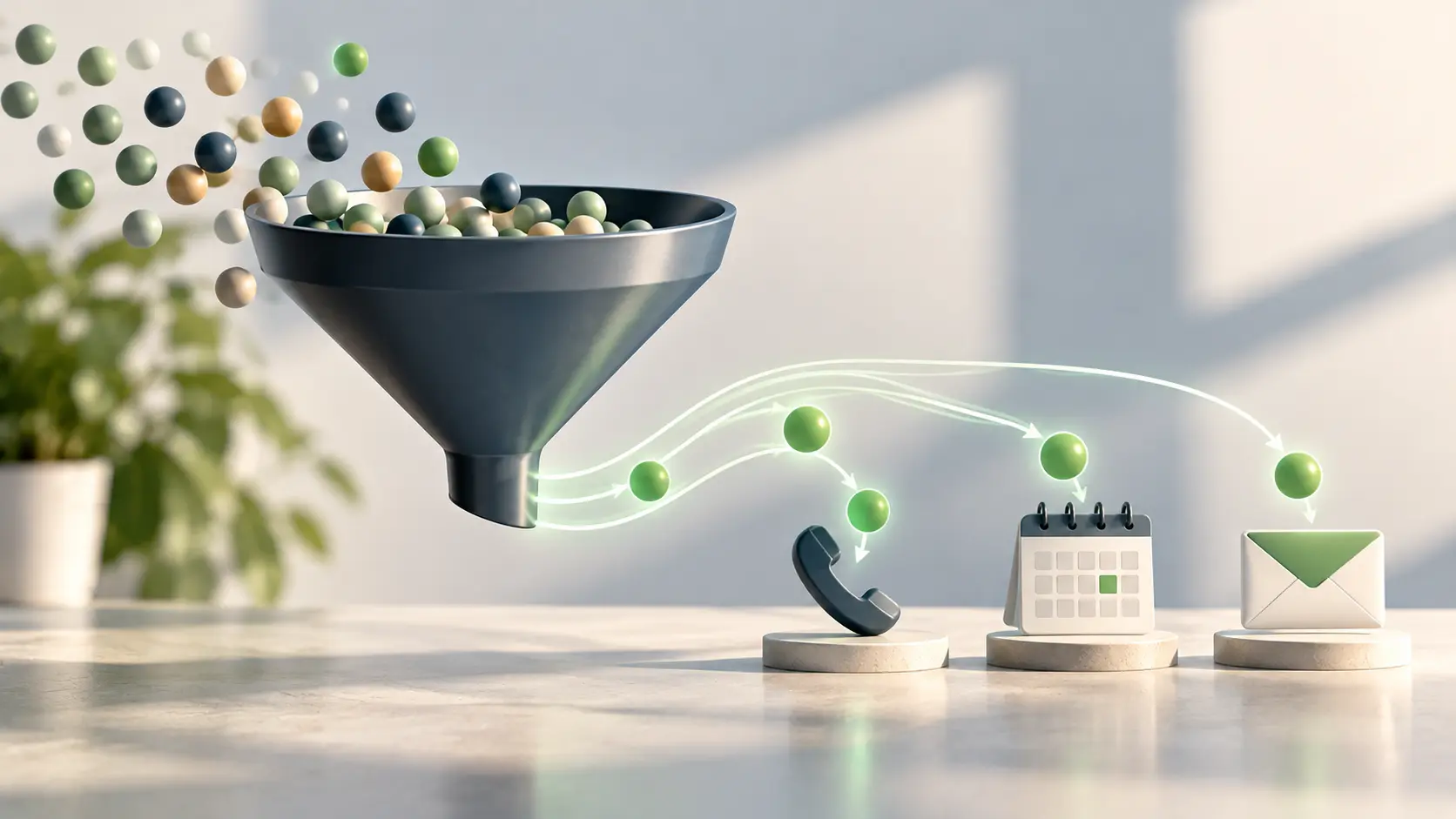 A clean 16:9 illustration of a simple funnel turning many small dots into a few highlighted dots that land on a phone, a calendar and an envelope, soft green and slate palette, flat style, no text.