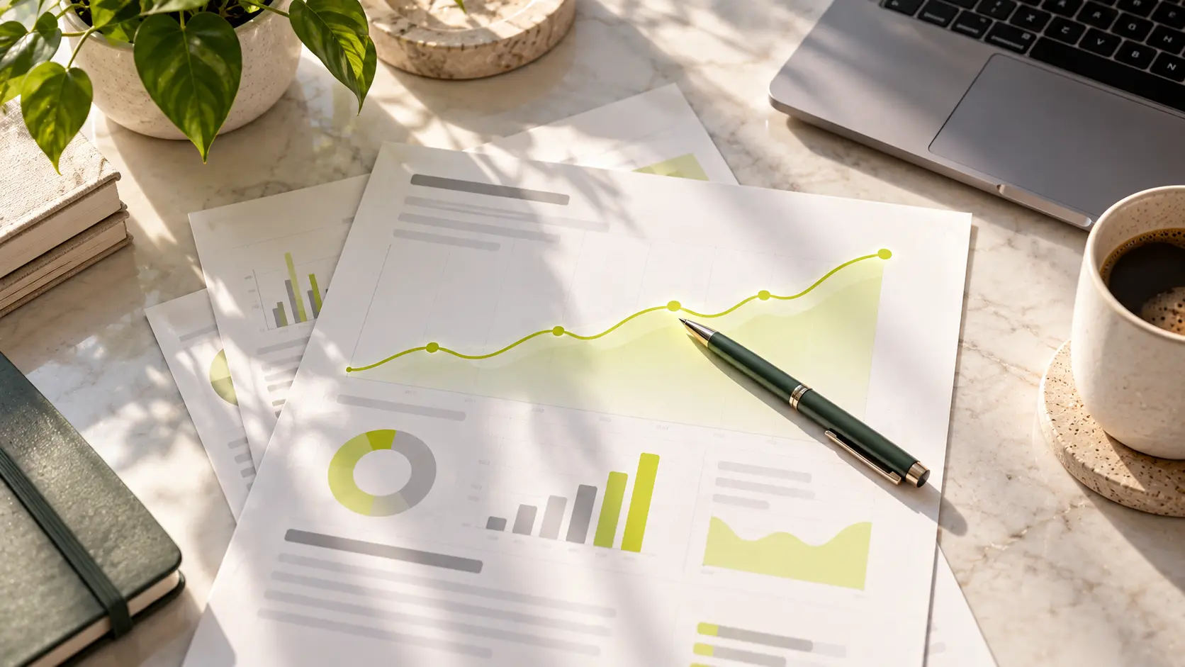 Calm overhead photo of a printed report with a teal pen resting on a line chart, off-white desk, soft morning light, 16:9, no text visible.