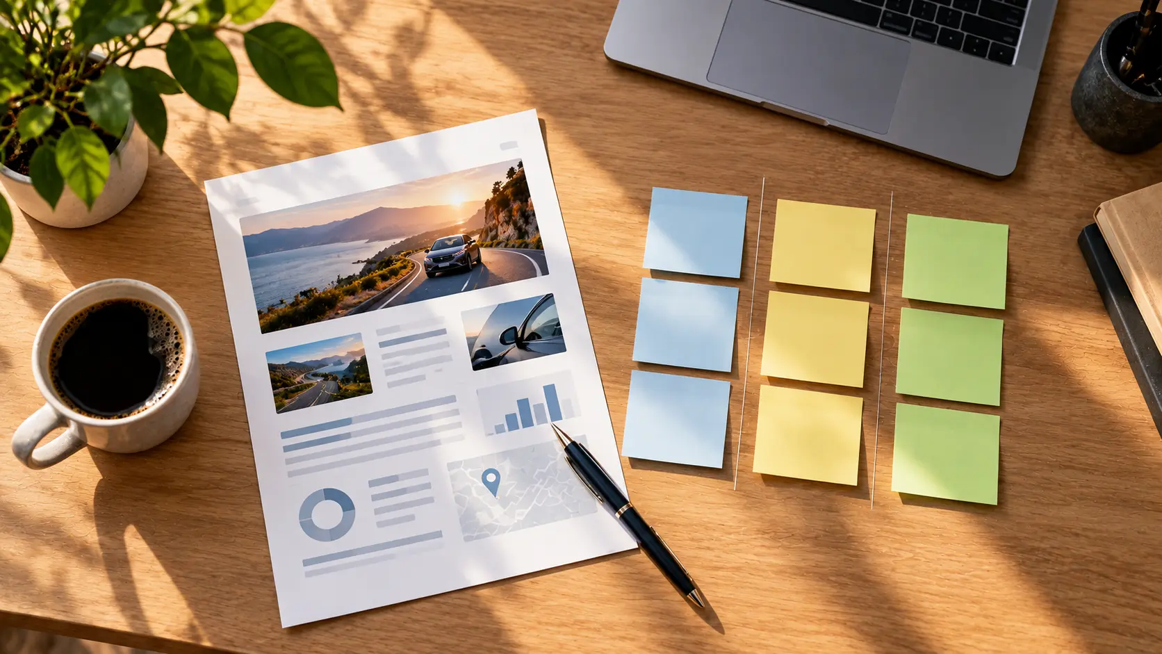 Overhead shot of a desk with a single printed brief, a pen, a laptop edge and sticky notes grouped into three columns, warm natural light, 16:9, no visible text.