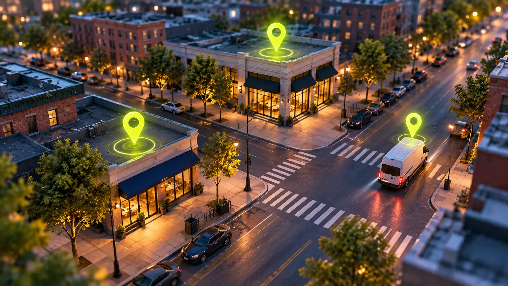 Overhead view of a city street grid with three glowing map pins over storefronts and a van, dusk tones, slight tilt-shift, 16:9, no readable text.