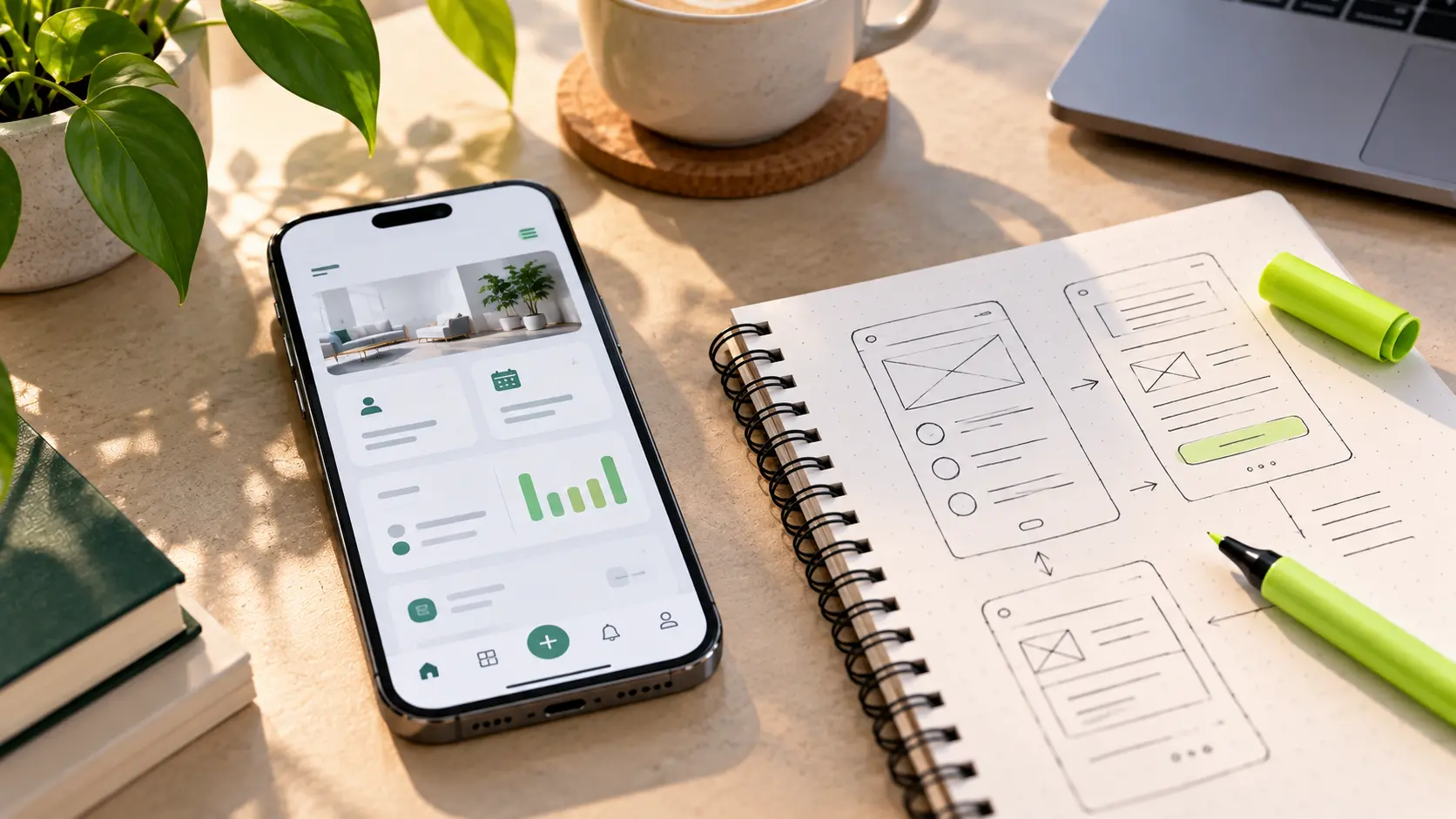 Photo of a smartphone lying face up on a warm beige desk next to a notebook with a hand-drawn app wireframe, one lime-green pen cap in frame, soft daylight, 16:9.