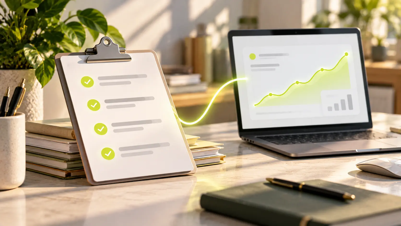 Calm editorial illustration of a clipboard with a short checklist resting on a desk beside a laptop showing a simple line chart, teal and off-white palette, 16:9, no text.