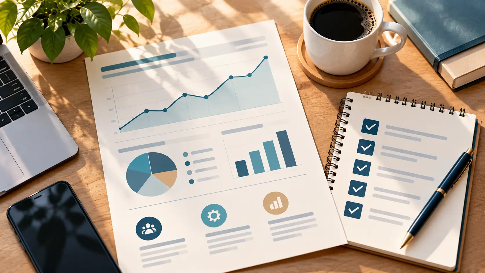 A tidy one-page report on a desk with a simple line chart and a checklist beside a coffee cup, calm teal and off-white palette, no text.