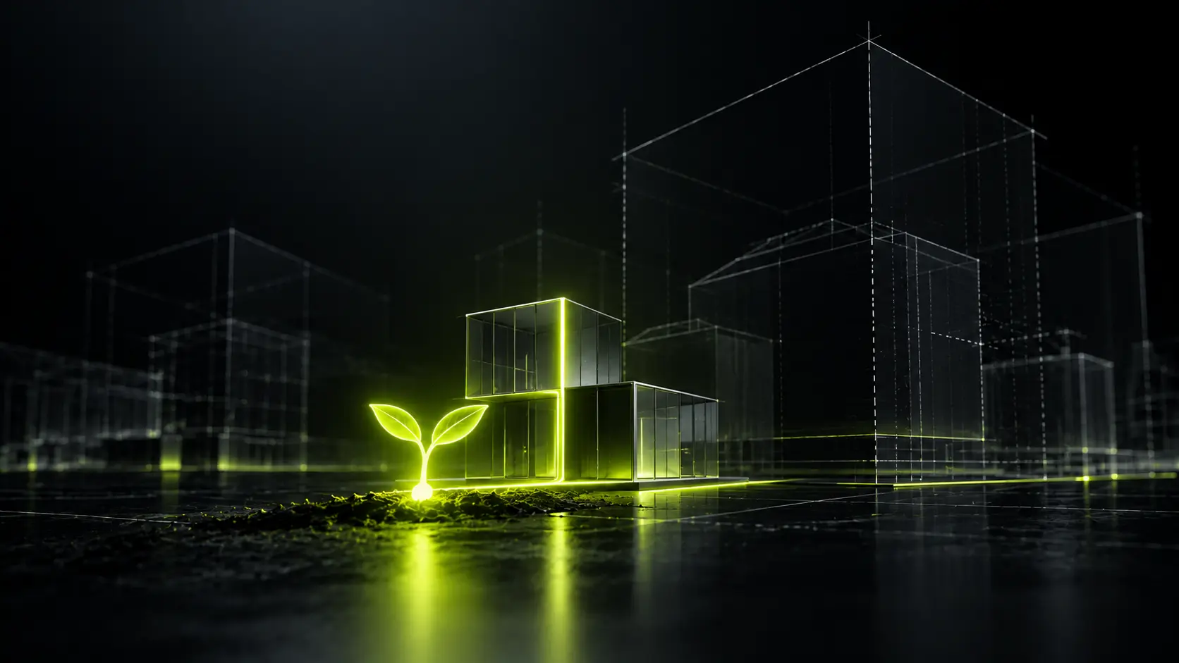 Abstract dark illustration of a single glowing lime seed sprouting a simple geometric structure, surrounded by faint outlines of much larger unbuilt shapes fading into the background.
