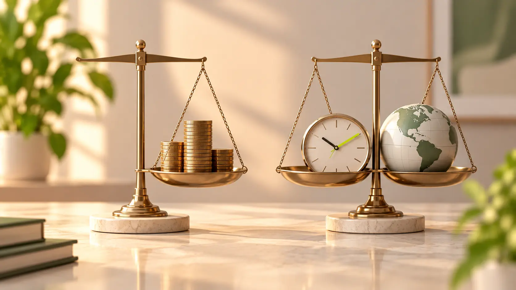 Flat illustration, 16:9, of two balanced scales side by side: one holds a stack of coins, the other a clock and a globe. Warm neutral palette, one lime accent on the clock hand. No text.