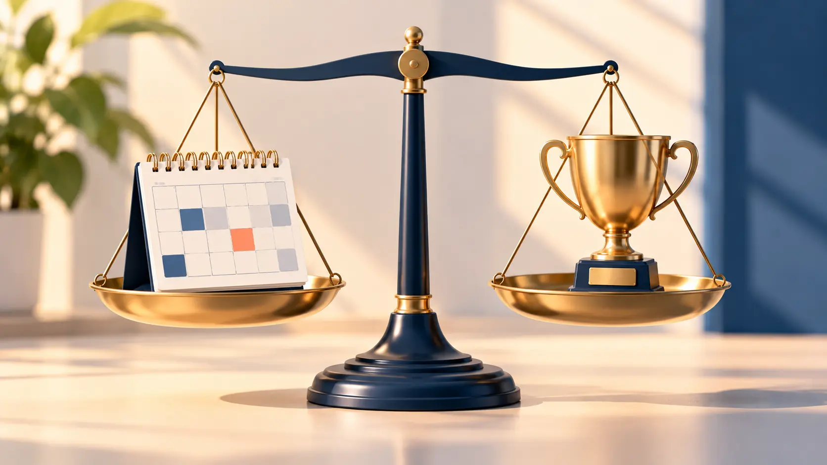 A balance scale with a calendar on one side and a trophy on the other, soft navy and warm sand palette, flat clean style, no text.