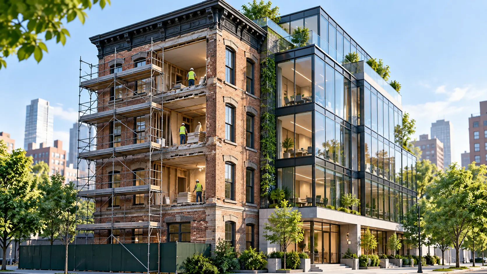 A clean flat illustration of an old brick building being renovated floor by floor with scaffolding next to a new glass wing, slate gray and fresh green palette, no text.