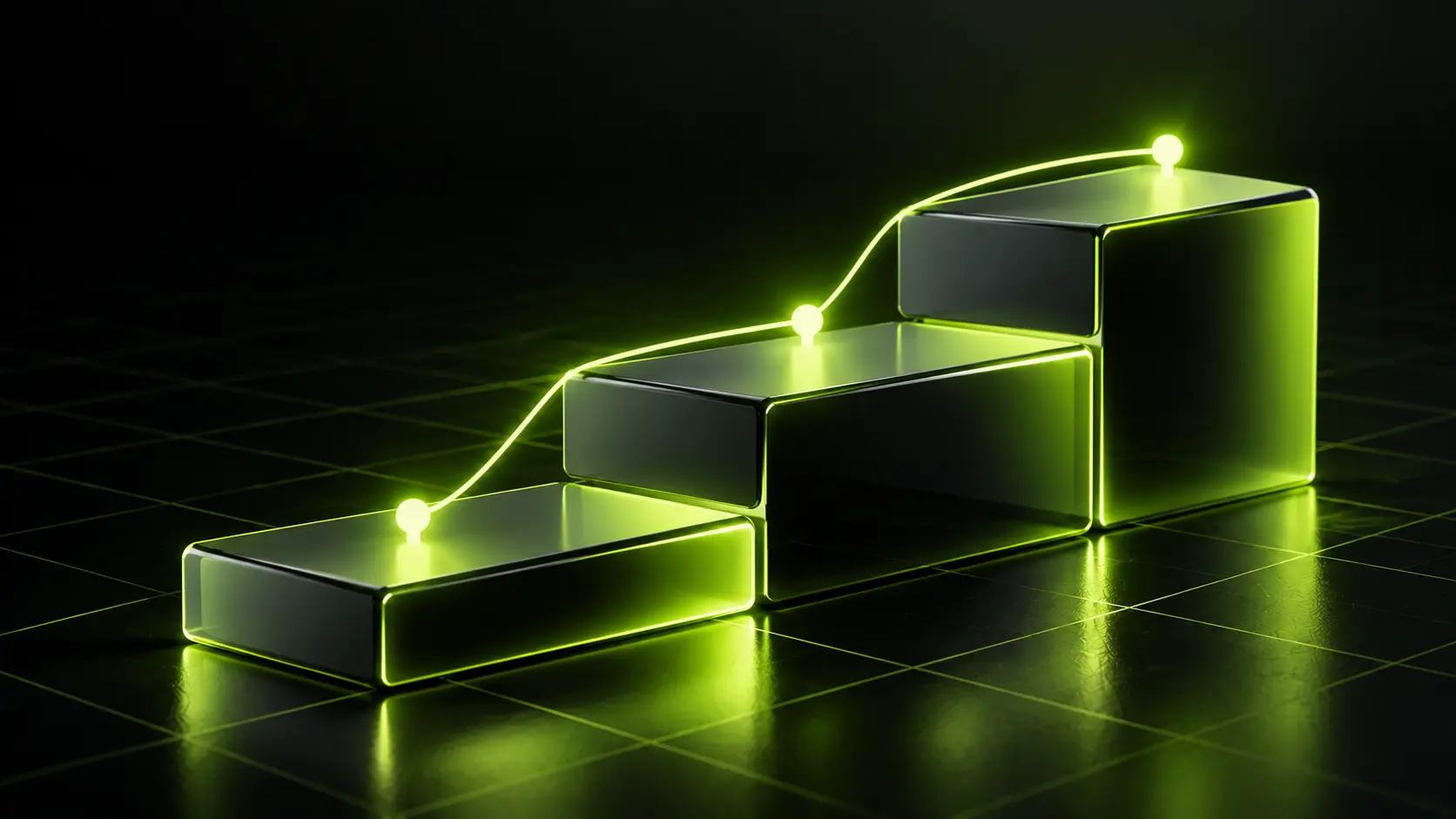Abstract dark illustration of three stacked horizontal bars rising like a staircase, each longer than the last, with a thin lime line tracing the climb between them, no text.