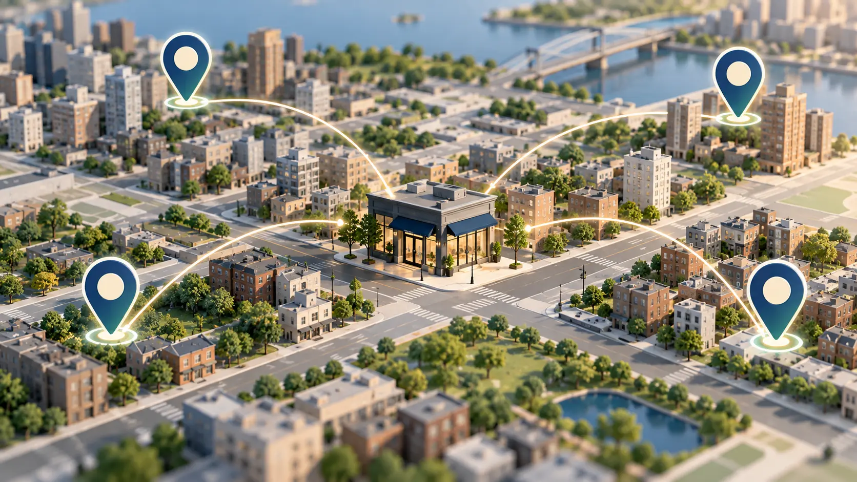 A clean flat illustration of a city grid with four map pins, each connected by thin lines to one central storefront, soft navy, teal and warm sand palette, no text.