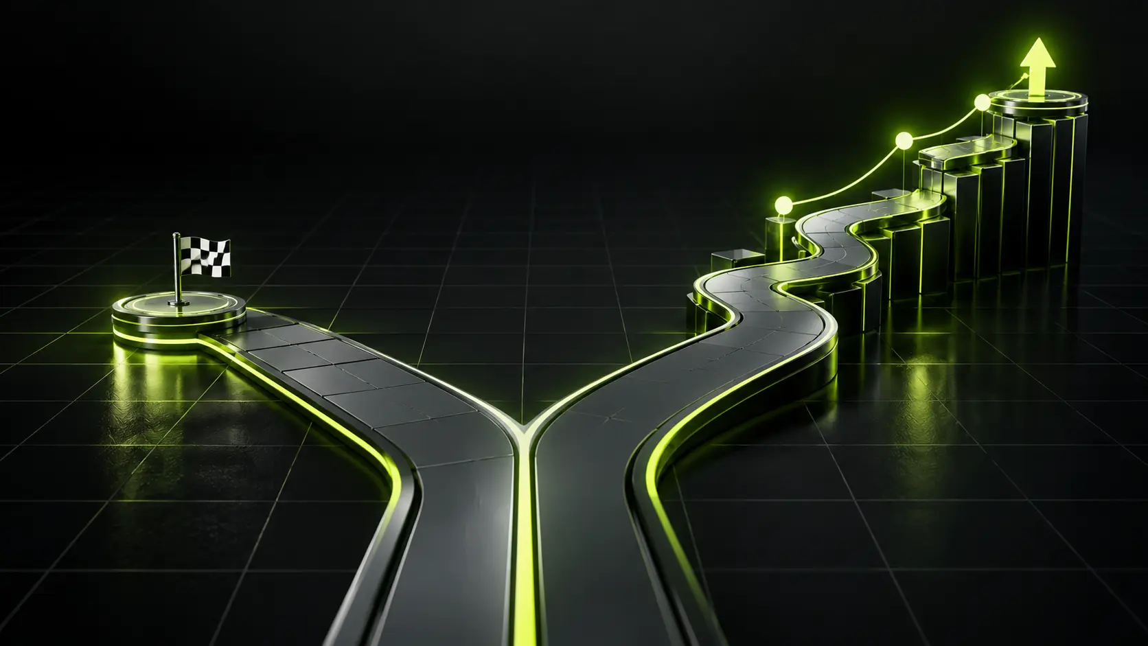 Two paths diverging on a dark grid, one short and one long with a rising line, lime accent, no text.