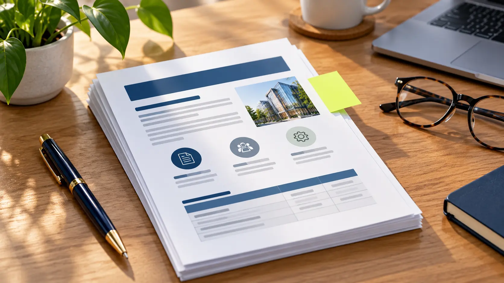 Flat illustration of a printed request-for-proposal document on a warm oak desk, a pen and reading glasses beside it, one lime-green sticky note marking a page, 16:9.
