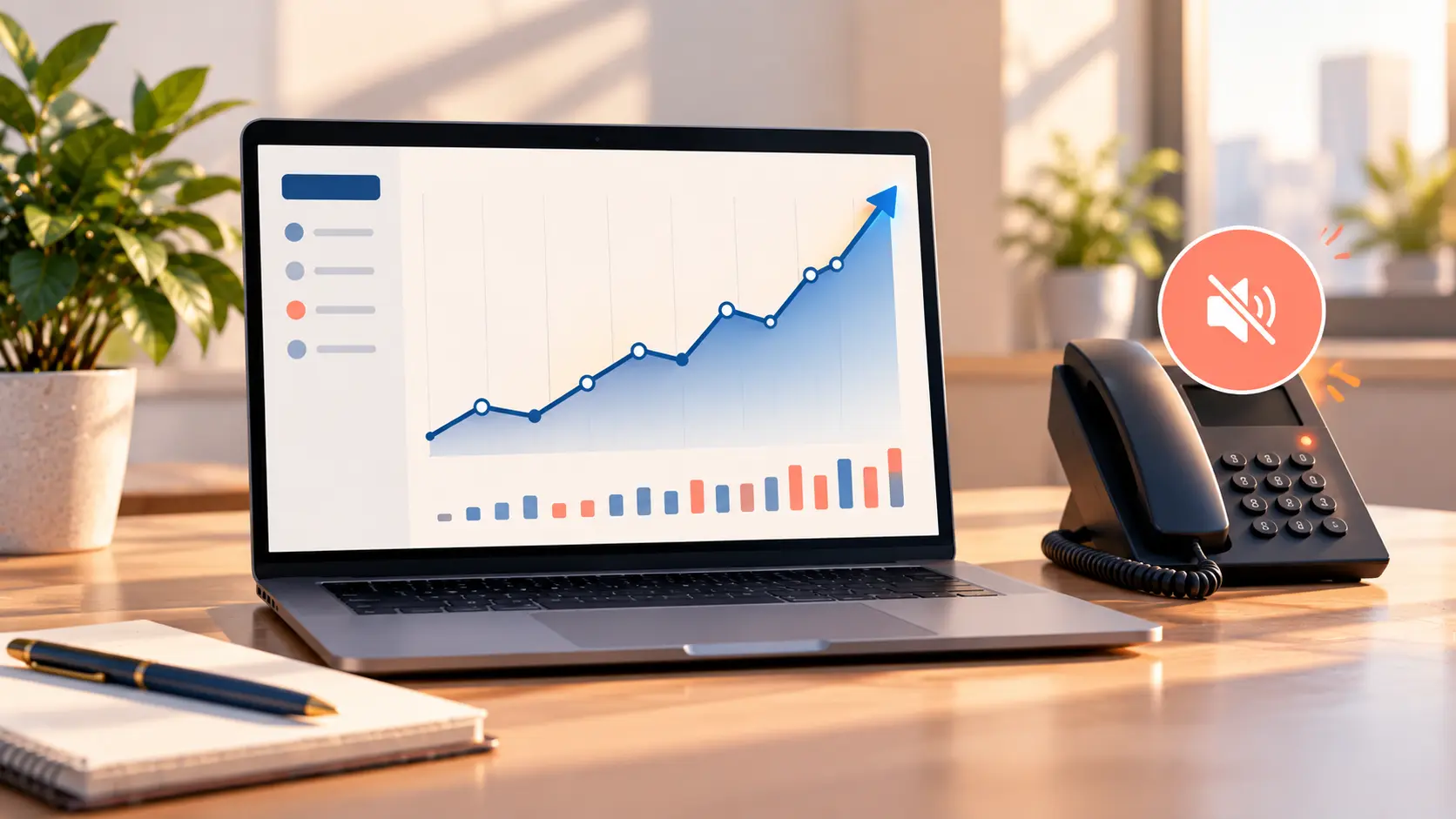 A clean 16:9 illustration of a busy upward traffic line on a laptop screen next to a silent desk phone, soft navy and warm coral palette, flat style, no text.