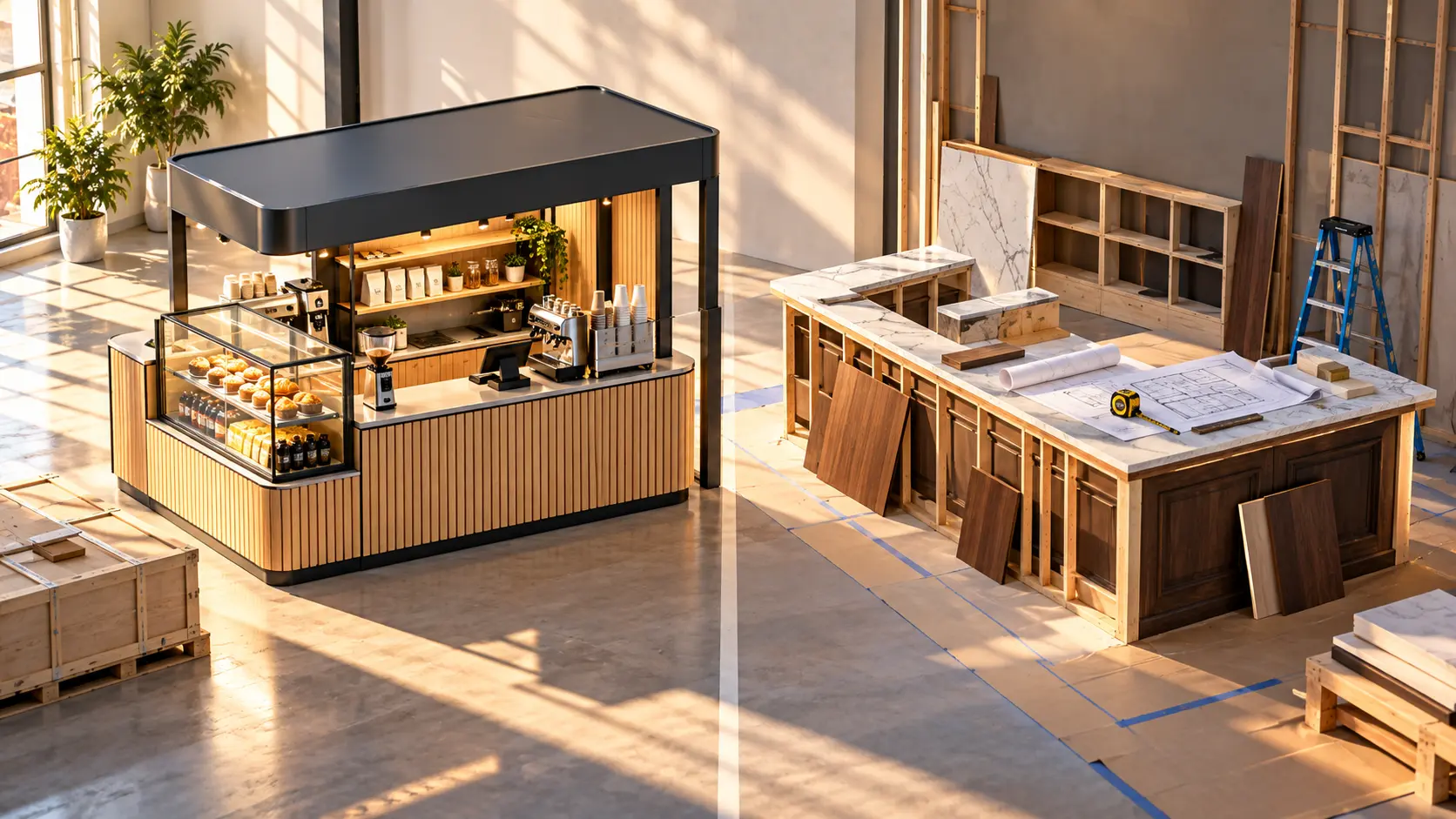 Two storefront counters side by side, one a neat prefab kiosk with a price tag, one a half-built custom counter with blueprints, warm light, isometric, 16:9, no text.