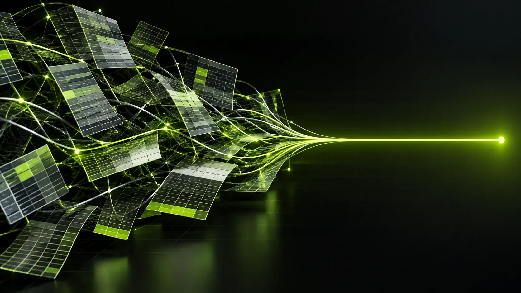 A tangle of spreadsheet grid lines resolving into one clean lime line, dark background, no text.