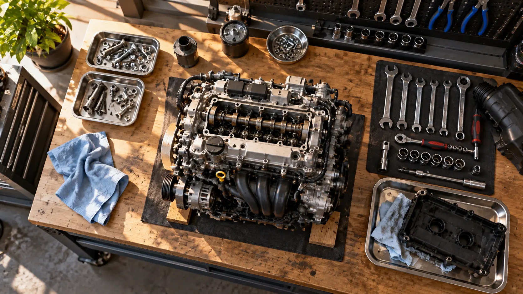 A calm overhead photo of a mechanic's workbench with a small, clean engine mid-service, tools laid out in order, warm neutral light, 16:9, no text.
