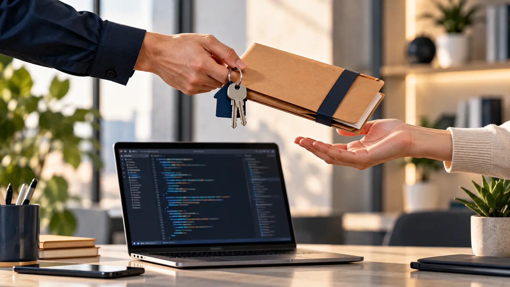 A clean 16:9 illustration of one hand passing a set of keys and a folder to another hand above a laptop showing a code window, navy and sand palette with a coral accent, no text.