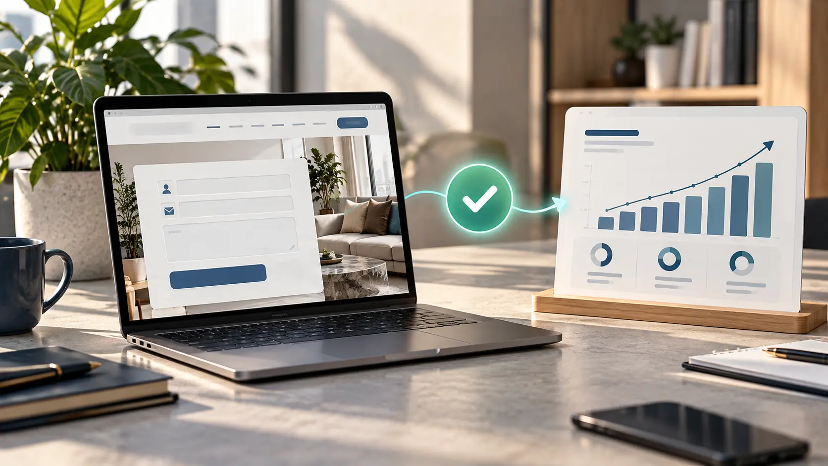 A clean flat illustration of a web contact form with a green check mark flowing into a simple analytics bar chart, navy and soft teal palette, no text.