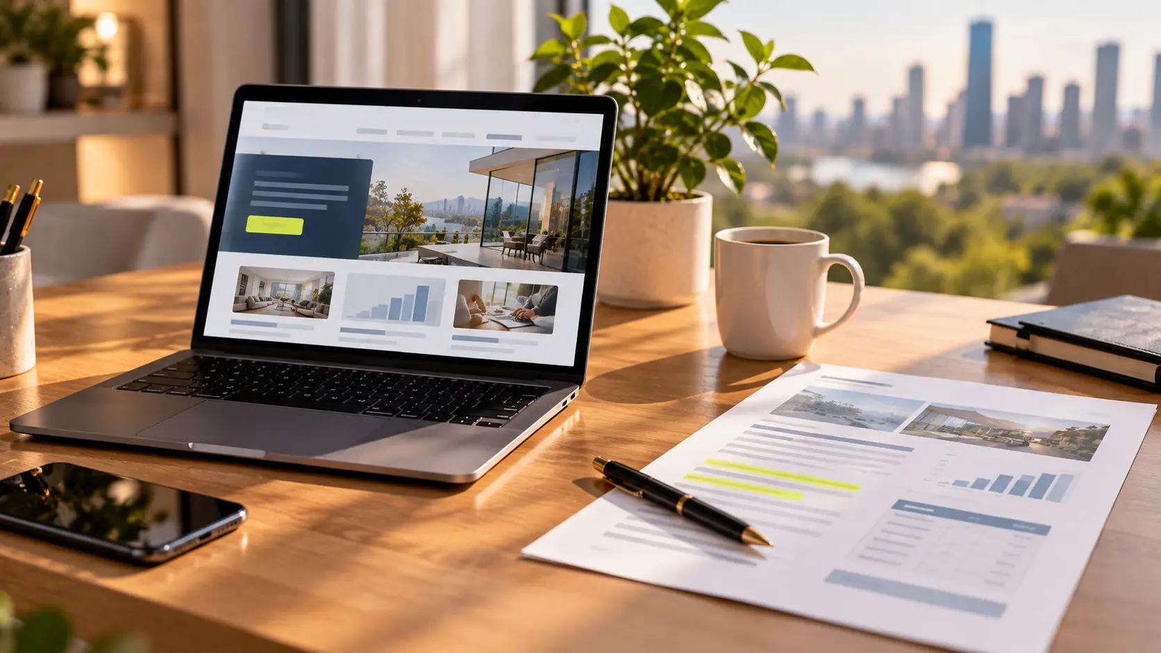 A clean desk scene with a laptop showing a simple business homepage, a printed quote beside it with a few lines highlighted, warm daylight, 16:9, no readable text.