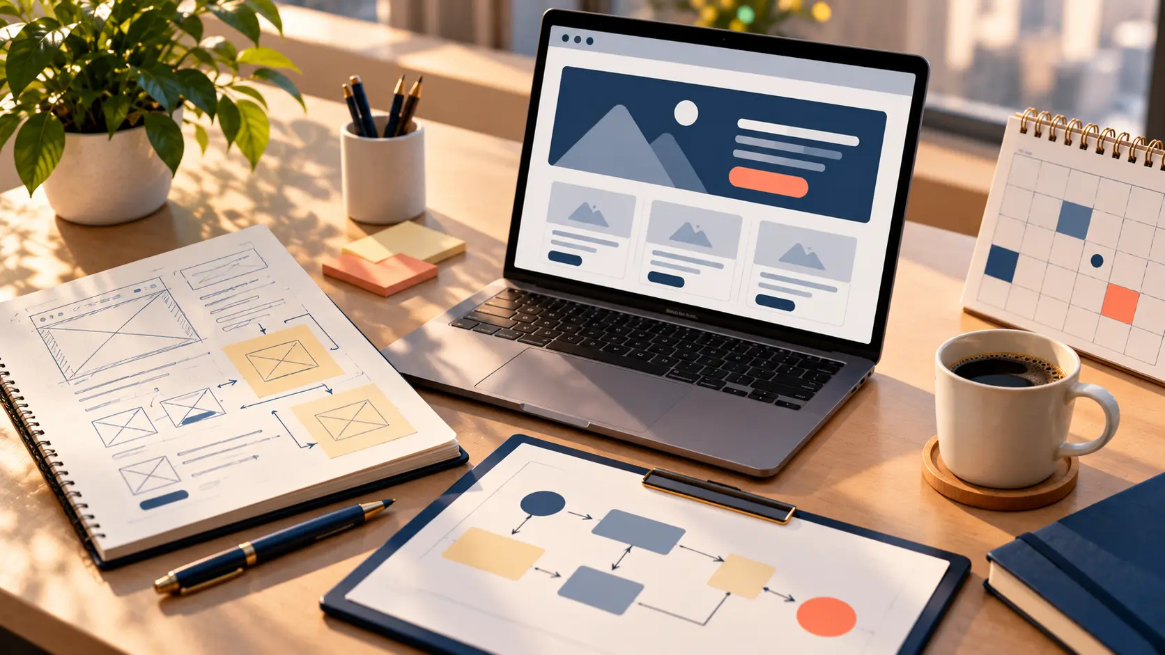 A clean 16:9 illustration of a website wireframe on a clipboard next to a checklist and a calendar, soft navy and warm sand palette with one coral accent, no text.
