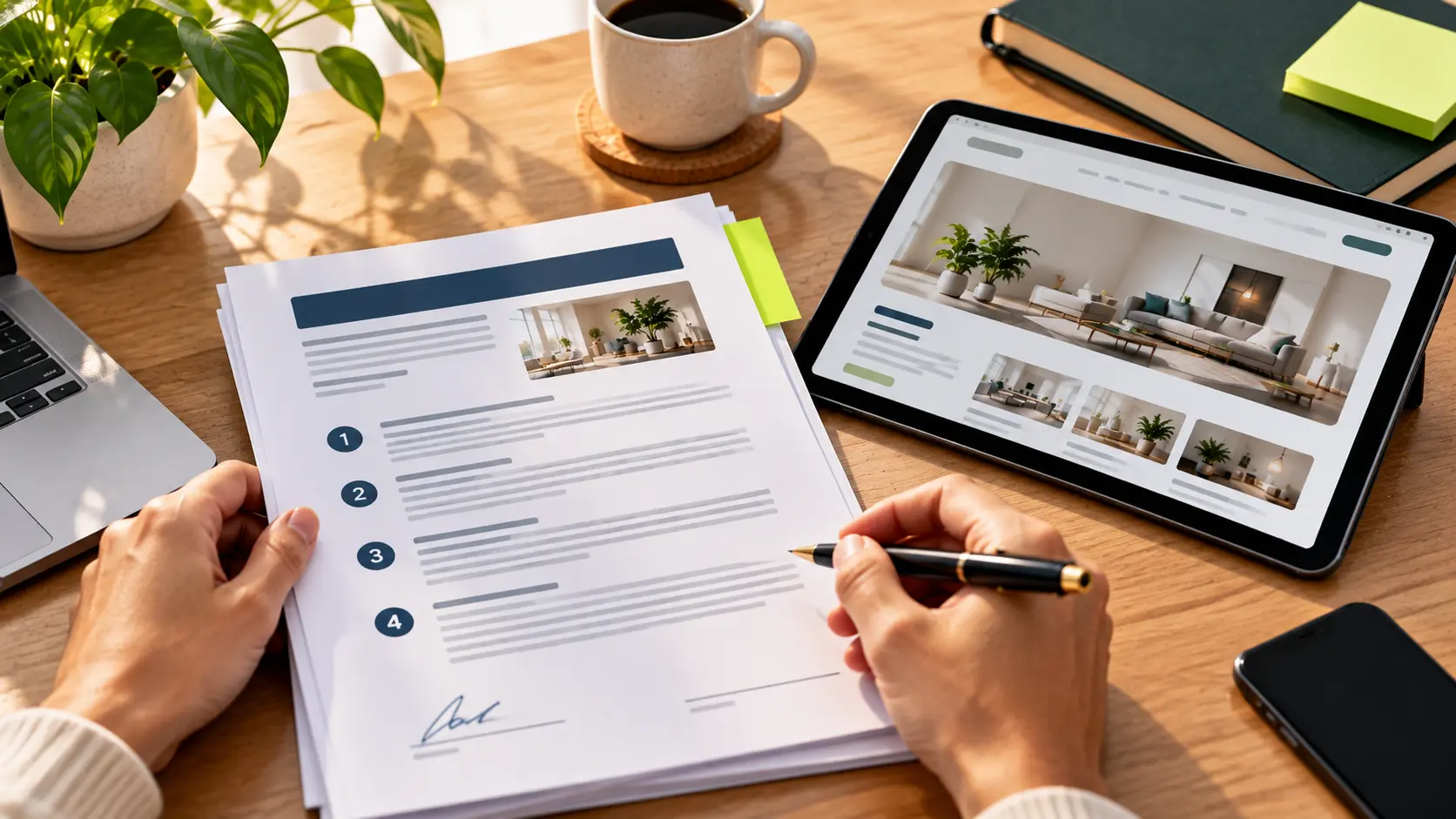 Photo-style illustration, 16:9, of a business owner's hands holding a pen over a printed web design agreement next to a tablet showing a homepage mockup, warm neutrals, one lime bookmark tab.