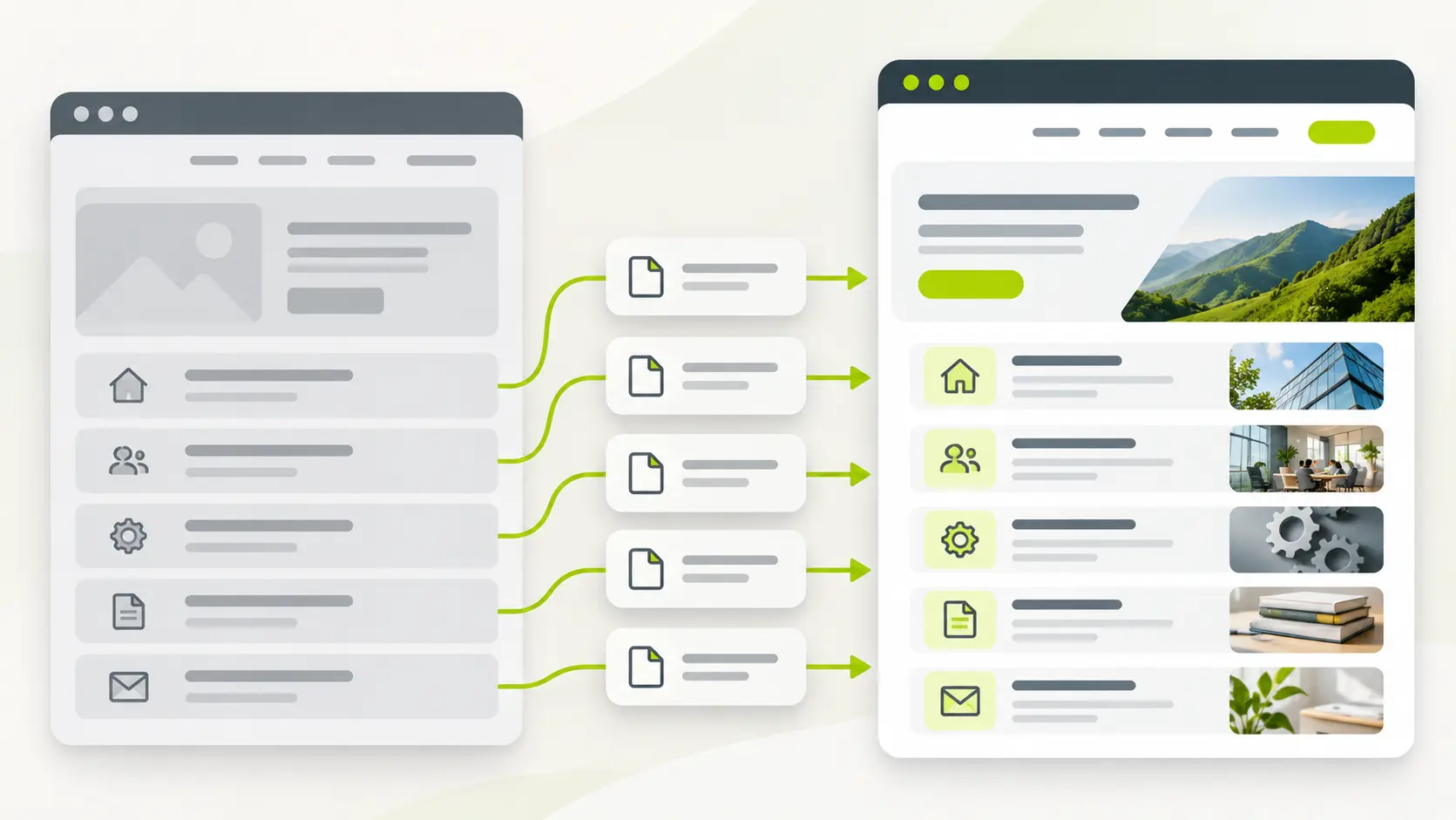 An old website layout and a new one side by side, with a set of arrows mapping pages from the old to the new, drawn in a clean flat style.
