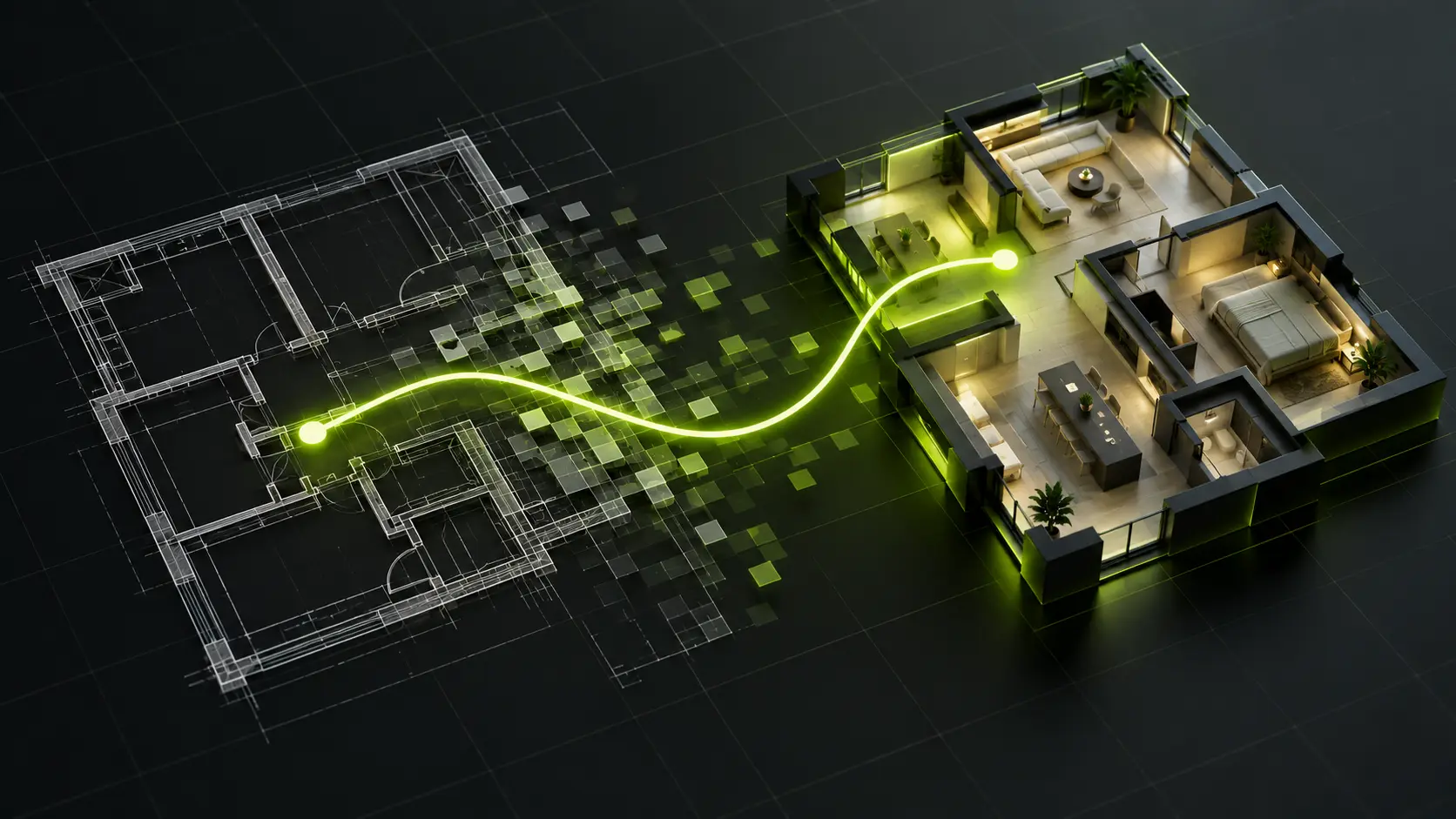 Abstract dark illustration of an old building floor plan dissolving into a new one, with a single lime-green line tracing a safe path between the two, no text.