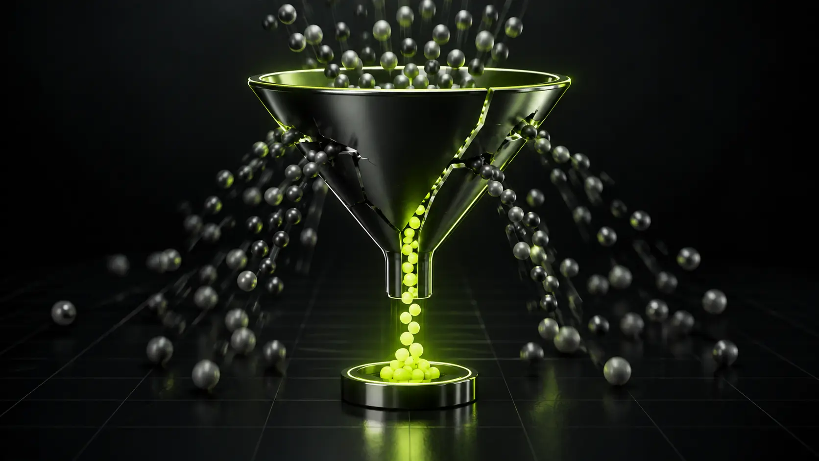 Abstract dark illustration of a funnel with most particles slipping out of cracks in its sides and a single lime-green stream reaching the bottom, no text.