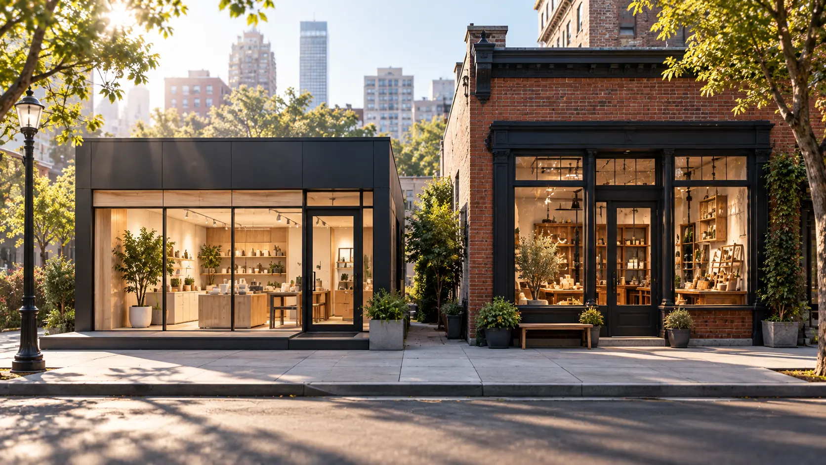 Two storefronts side by side on a city block, one a modular prefab kit and one brick with custom joinery, soft morning light, 16:9, no visible text or signage.