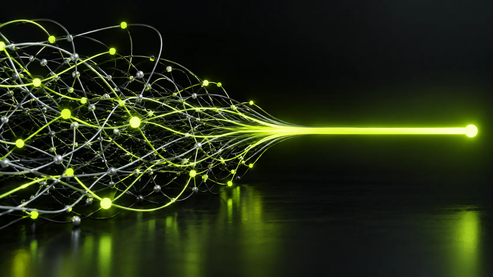 Abstract dark illustration of a tangle of thin connecting lines on the left resolving into one thick, straight lime-green line on the right, no text.